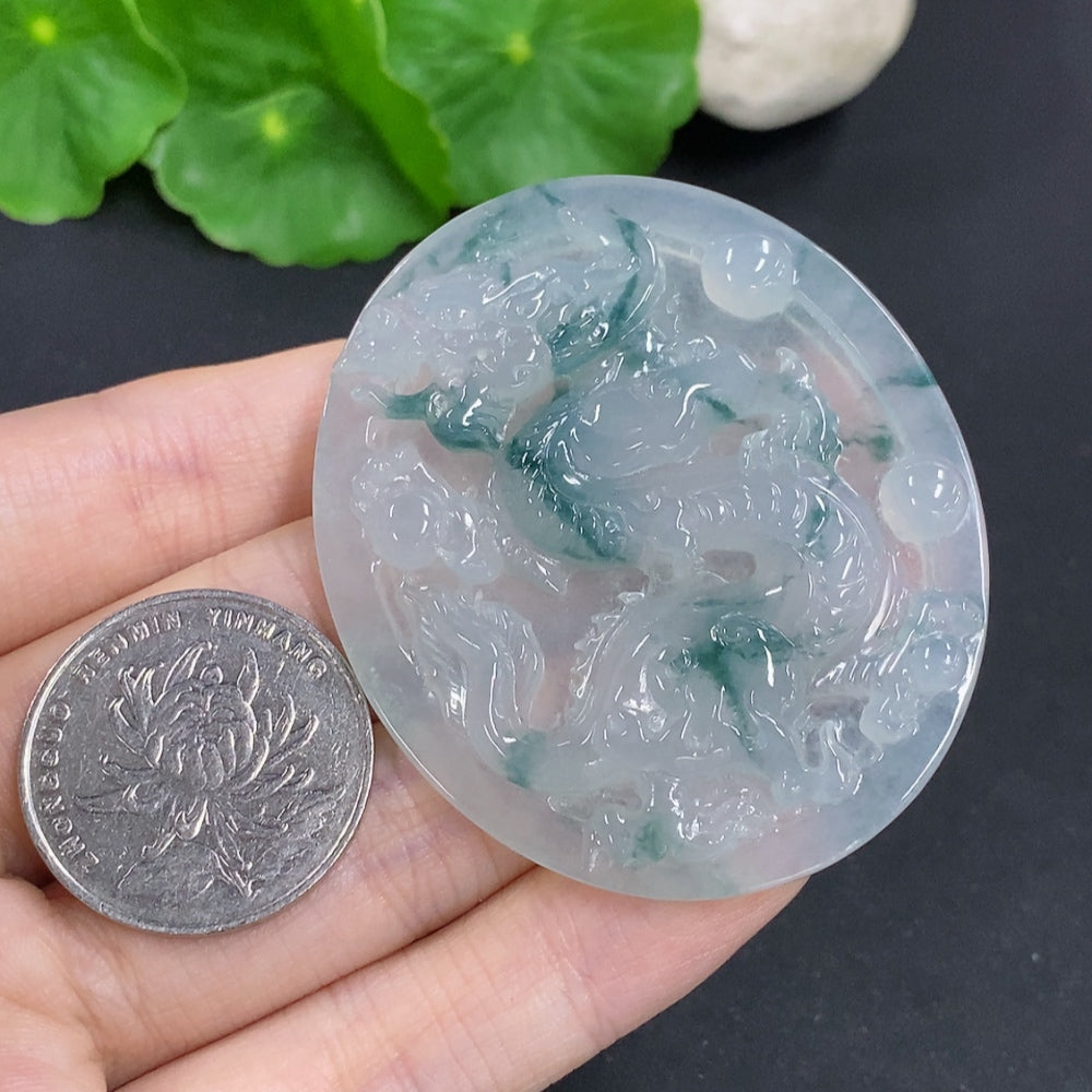 Jadeite dragon pendant necklace in green jade, 29.8g, crafted by HKHQ, close-up of detailed dragon design on polished jewelry