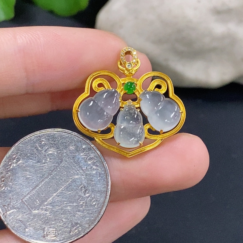 Jadeite Gourd Inlaid Pendant with 18K Gold and Diamond Accents