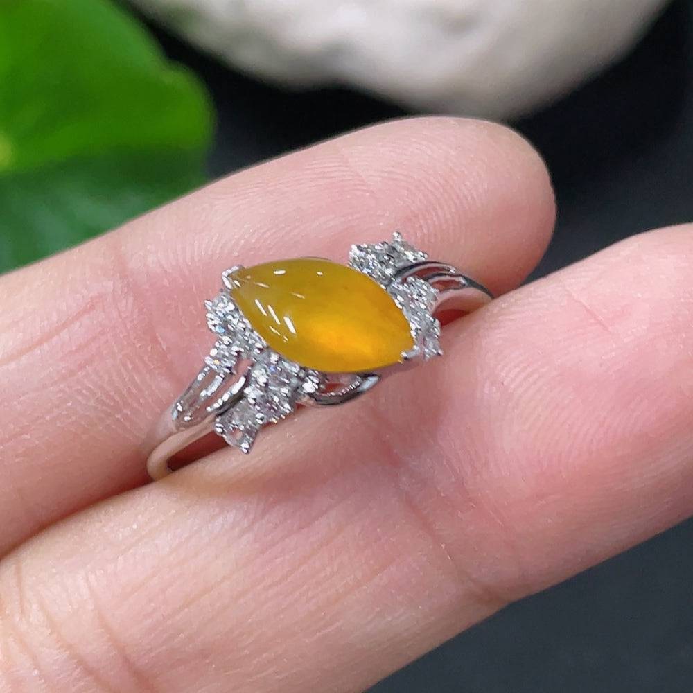 HUILIU HQ 9K gold jadeite inlaid ring, size 15, featuring a round diamond accent, weighs about 1.7g.