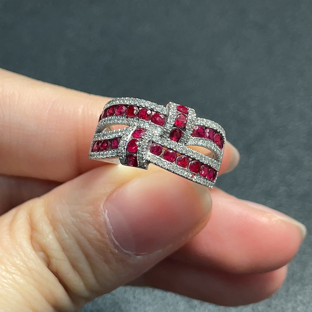 Huiliu gemstone ruby ring with diamond accents and filling, showcasing a vibrant red gemstone and sparkling details.