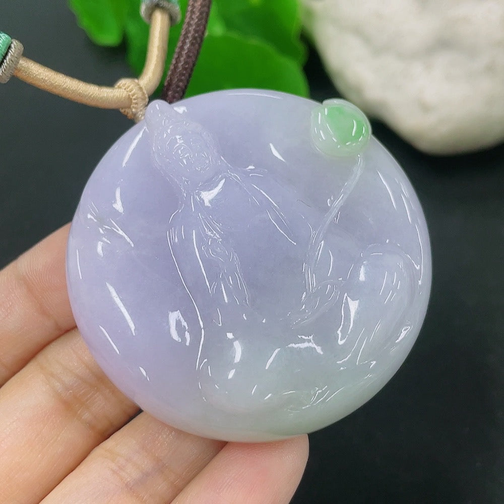 Jadeite Pendant featuring Guanyin figure from HKHQ, weighing approximately 60.68g with attached rope, detailed jade craftsmanship.