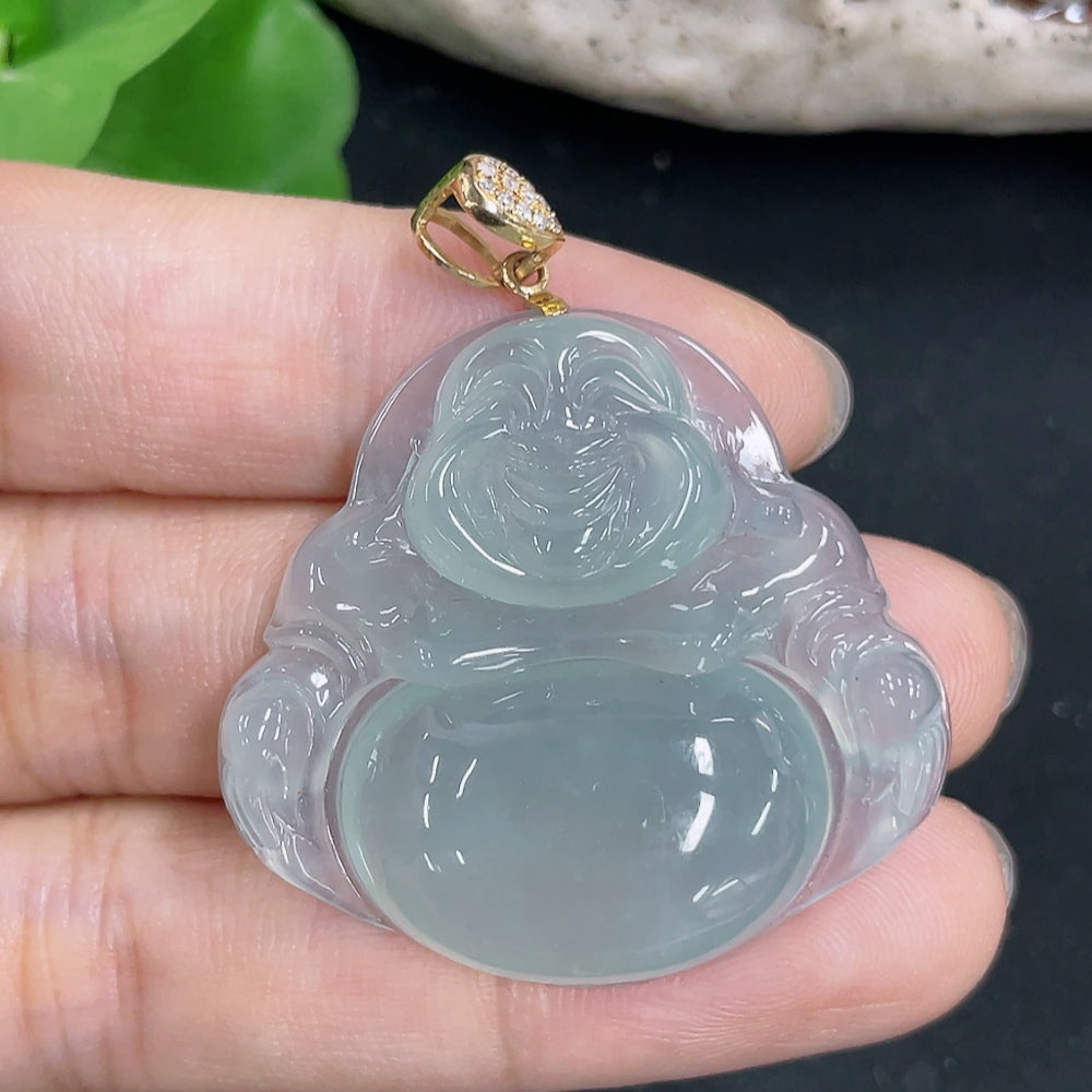 Jadeite Buddha pendant necklace by HKHQ with 18K gold and diamond accents, showcasing intricate craftsmanship and elegant design.