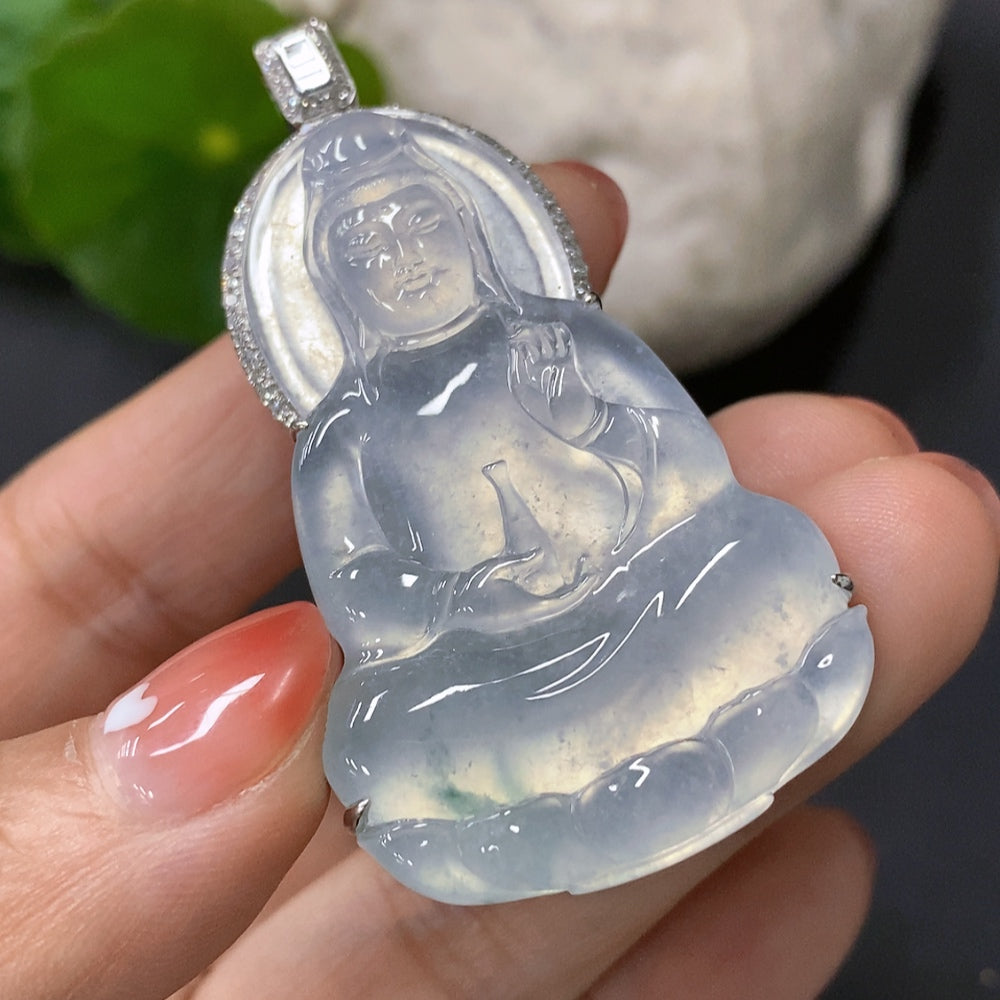 Jadeite Guanyin Inlaid Pendant 18K Gold Inlaid Total Weight Approx. 18.5g