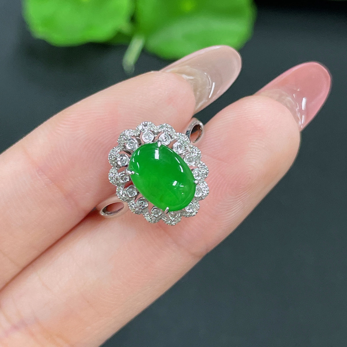 Jadeite ring with 18k gold inlay and diamond accents, size 14, weighing approximately 2.95g, featuring a polished jade gemstone.