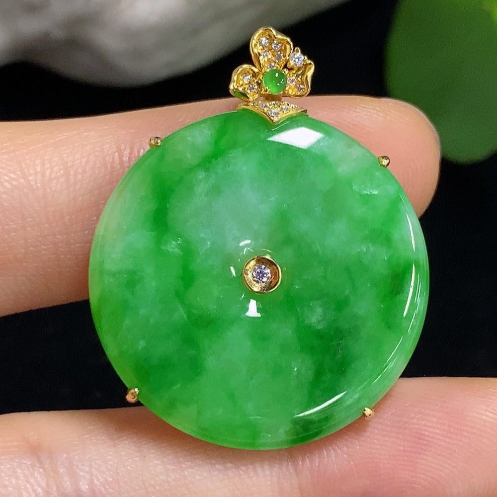 Jadeite safety buckle pendant necklace by HKHQ with 18K gold setting, featuring a smooth jadeite centerpiece, non-diamond design.