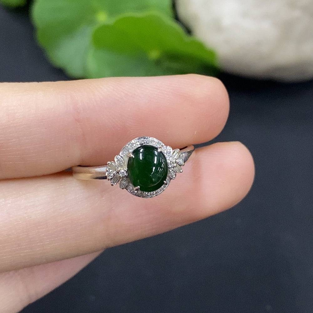 HUILIU HQ jadeite cabochon ring with diamond accents, featuring a polished green jade gemstone set in a silver band.