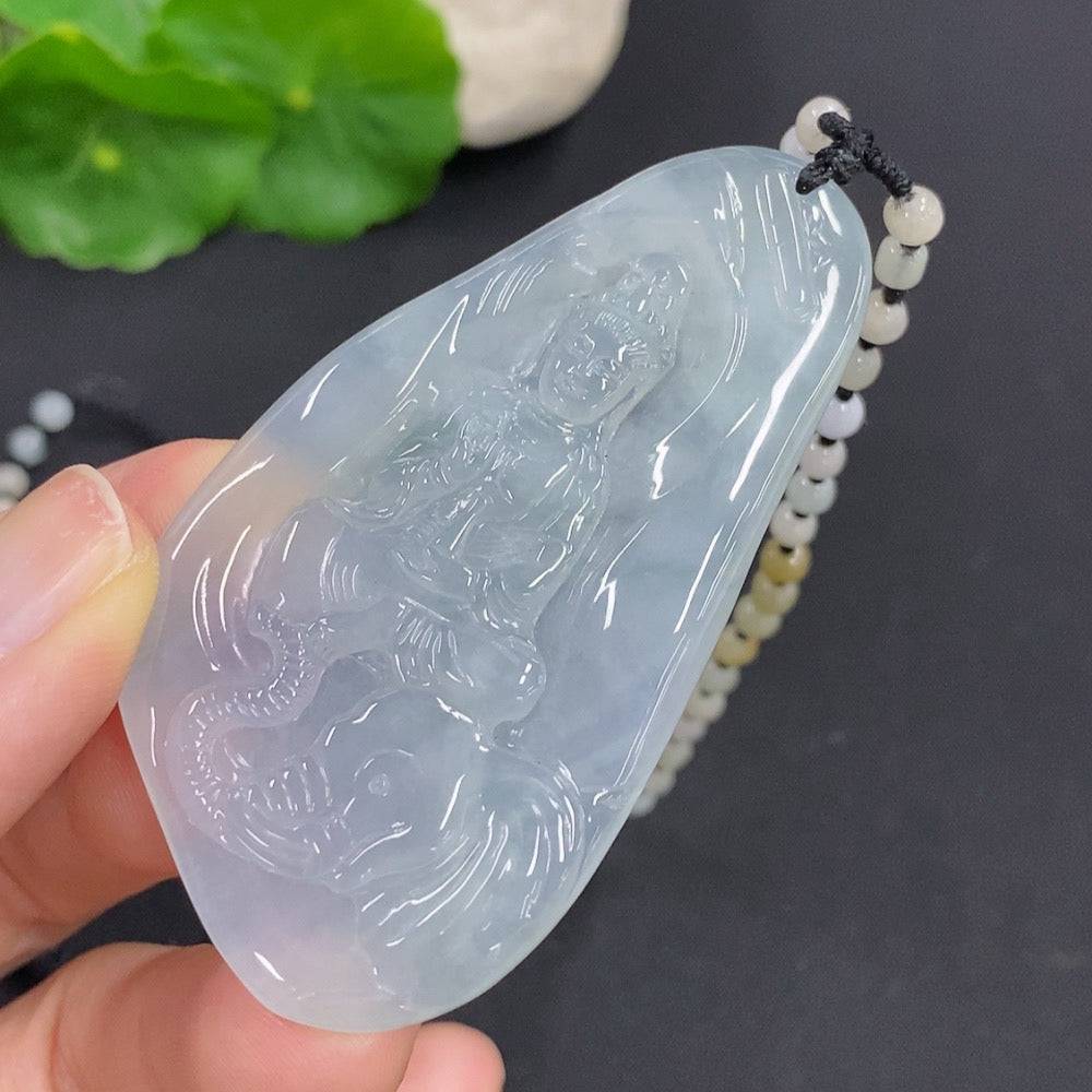 Jadeite Samantabhadra Bodhisattva pendant carved from green jade, featuring intricate details and a smooth polished finish.