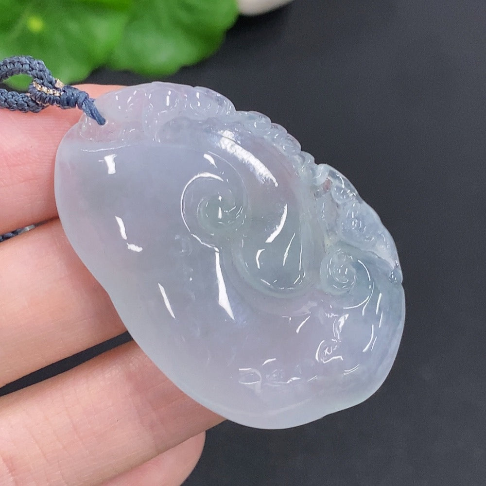 Jadeite Ruyi pendant with carved design, weighs approx. 26.4g including rope, crafted from green jade by HKHQ.