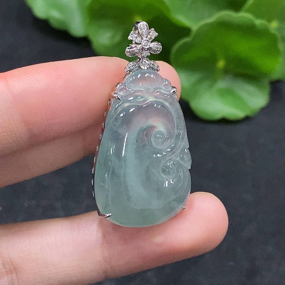 Huiliu HQ jadeite Ruyi pendant with diamond inlay, showcasing a smooth, polished jade piece with intricate craftsmanship.