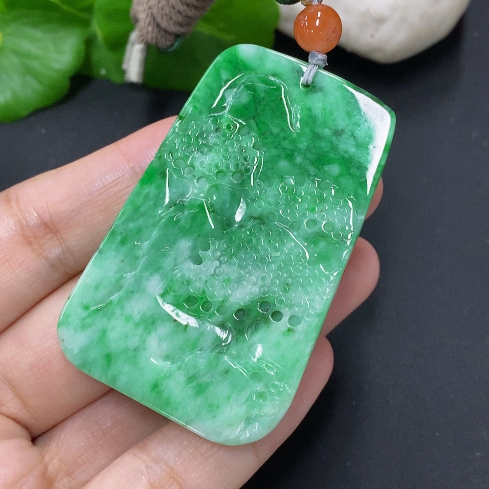 Jadeite landscape pendant with rope, crafted from jade, weighs approximately 32.6g, showcasing intricate natural green jade carvings.