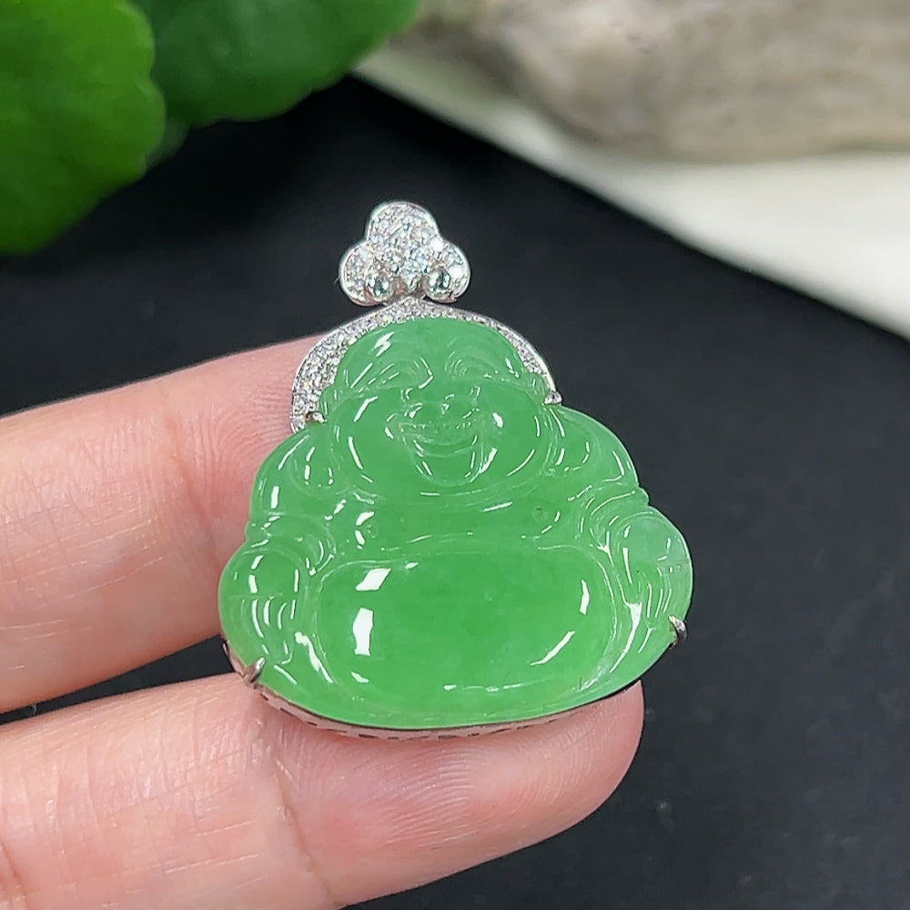Jadeite Buddha Pendant Set in 18K Gold (with Diamond Accents)