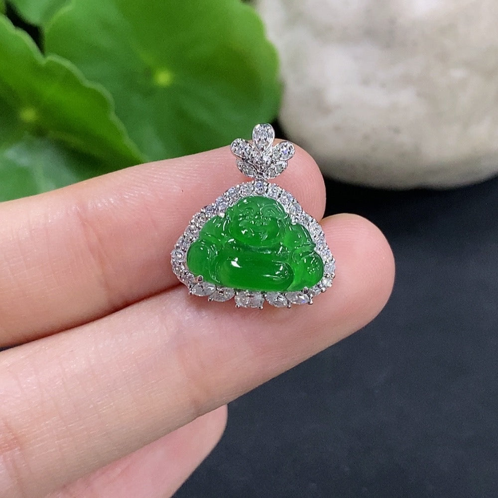 Jadeite Buddha Pendant Set in with Diamond Accents (Smallest Only) . | Huiliu Certified