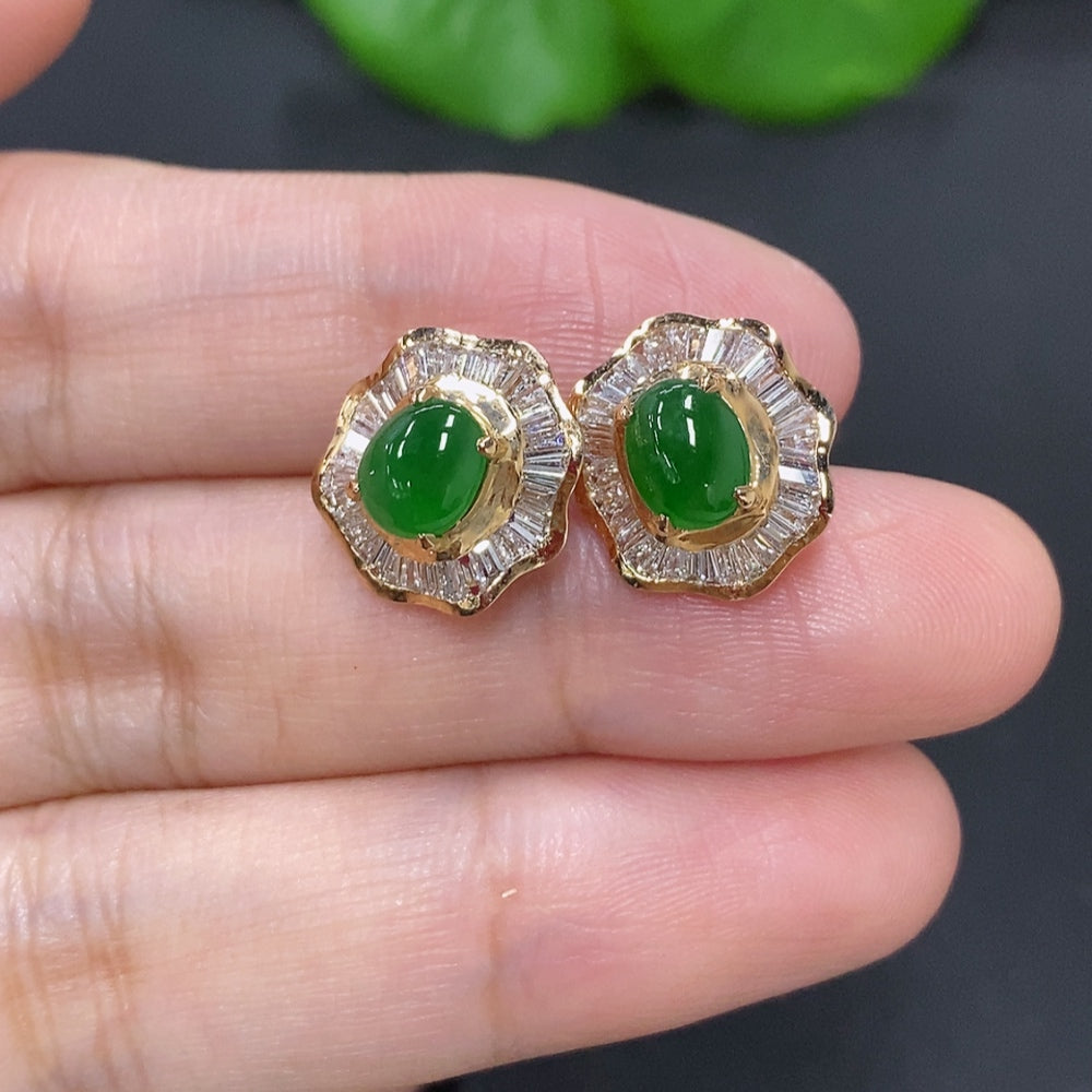 Jadeite Cabochon Stud Earrings 18K Gold (Accented with Diamonds)
