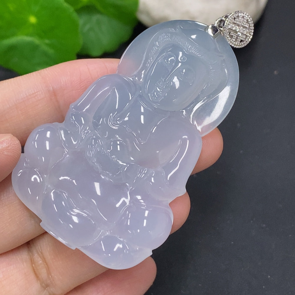 Jadeite Guanyin pendant with 18K gold clasp and diamond accents, showcasing intricate craftsmanship in a necklace from HKHQ.