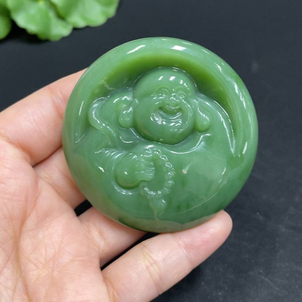 Huiliu Hetian Jade Jasper Buddha pendant featuring natural green and brown tones, crafted for elegant jewelry.