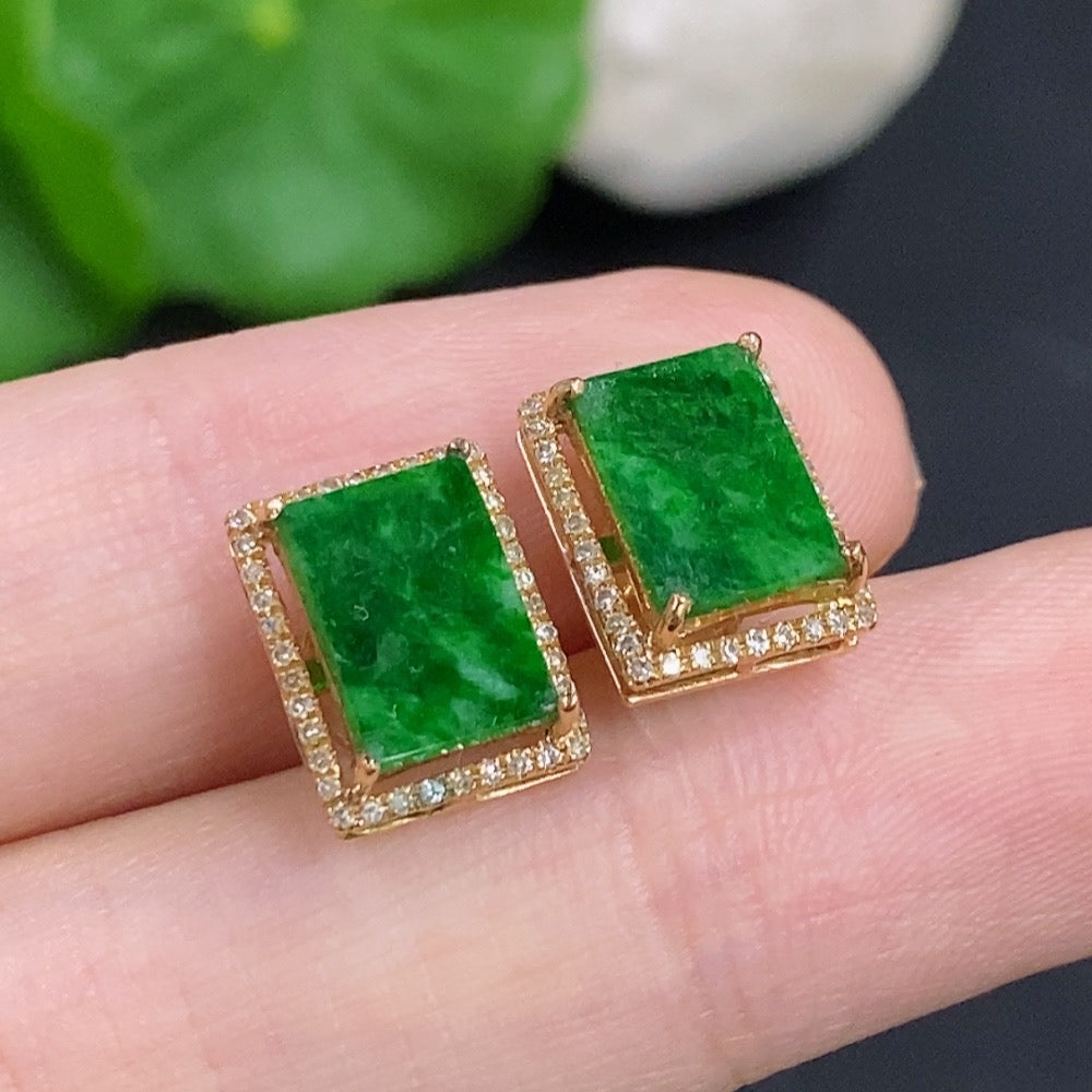 Jadeite ear studs with diamond accents and 18k gold settings, natural gold without imprint, lightweight about 2g, elegant jewelry by HKHQ
