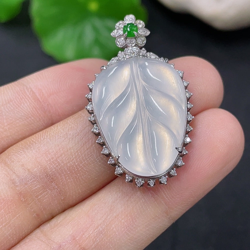 Jadeite Leaf Pendant with 18K Gold and Diamond Accents