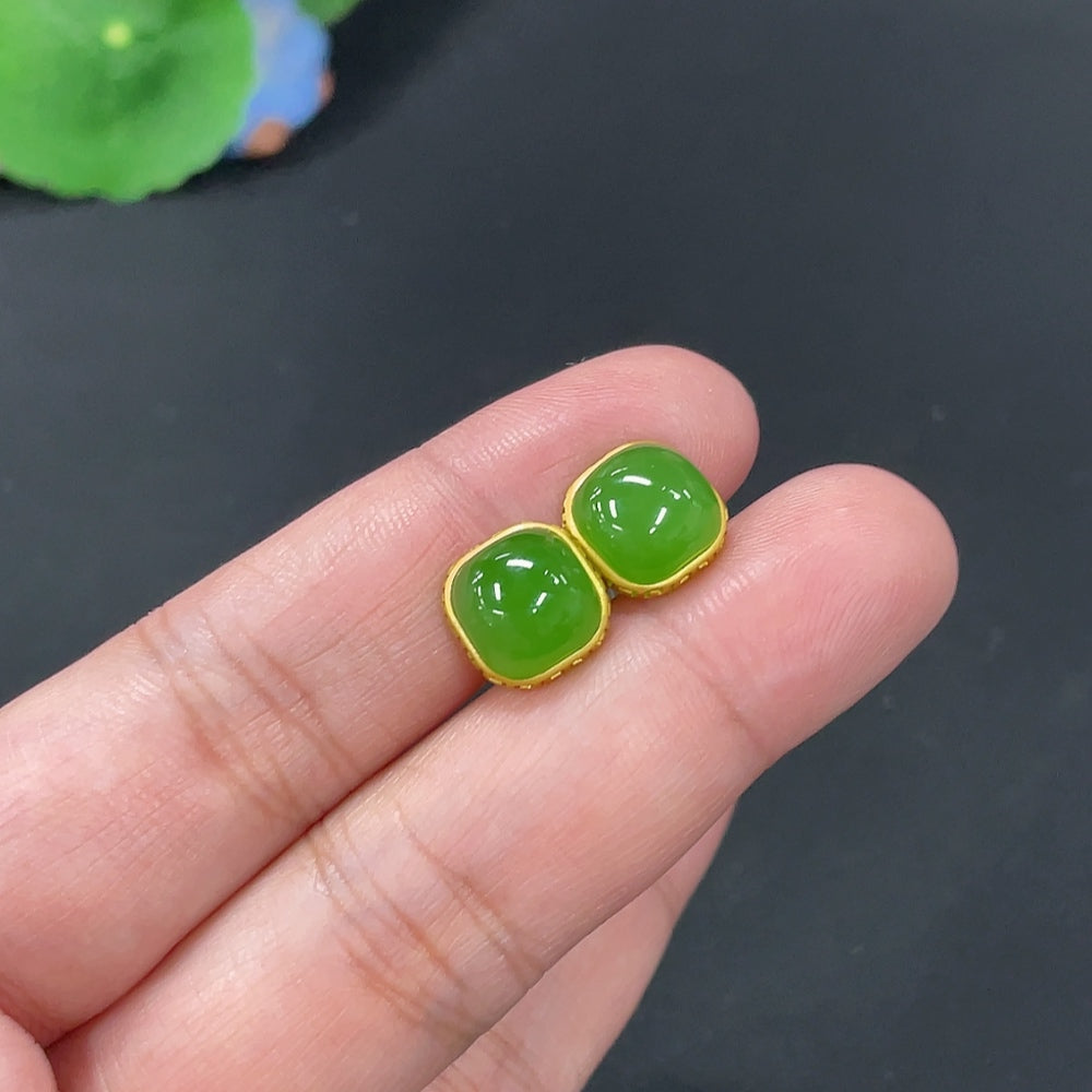 Huiliu certified Hetian jade jasper inlaid earrings with intricate design showcasing green and brown jade hues.