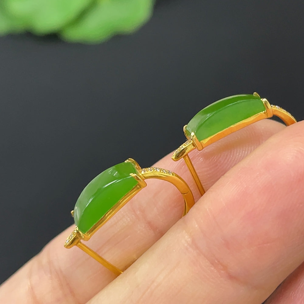 Hetian Jade Jasper Inlaid Earrings, 18K Gold, Accented with Diamonds