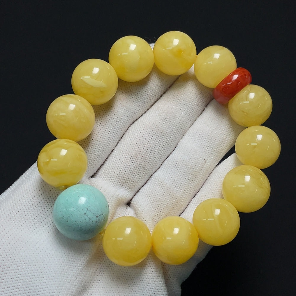 Amber Beeswax Bracelet with Turquoise, Containing Other Mineral Components + Southern Red Agate, Visible Organic Matter, Size About 16.3mm