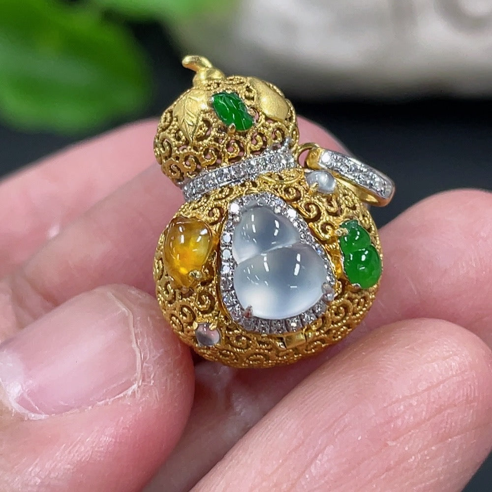 Jadeite Gourd Pendant with 18K Gold and Diamond Accents