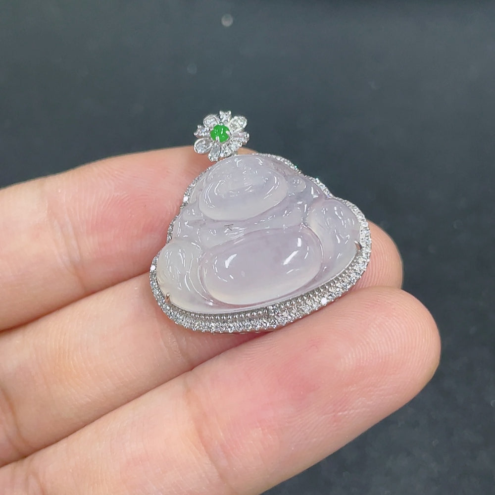 Jadeite pendant featuring a Buddha design with 18k gold and diamond accents, weighing approximately 3.9g, by HKHQ.