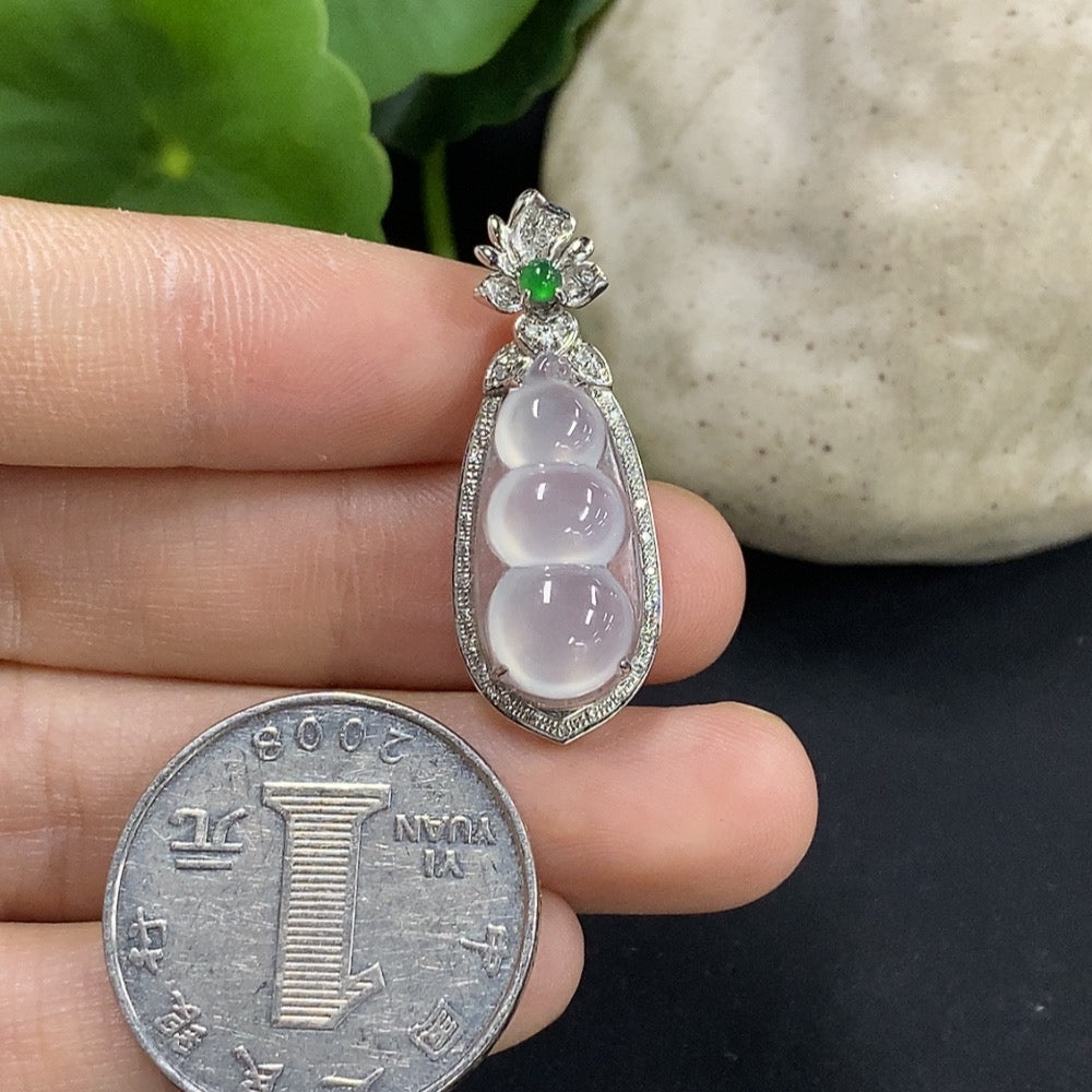 Jadeite Auspicious Bean Pendant Set in 18K Gold with Diamond Accents, Total Weight Approx. 2.88g