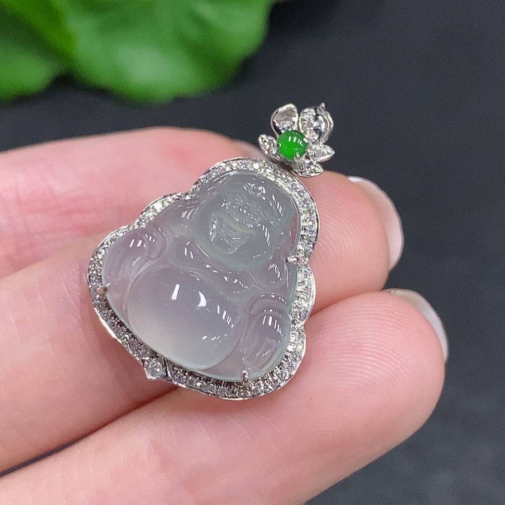 Jadeite Buddha pendant with diamond accents in 18k gold, weighing approximately 2.8g, featuring intricate Buddha carving.