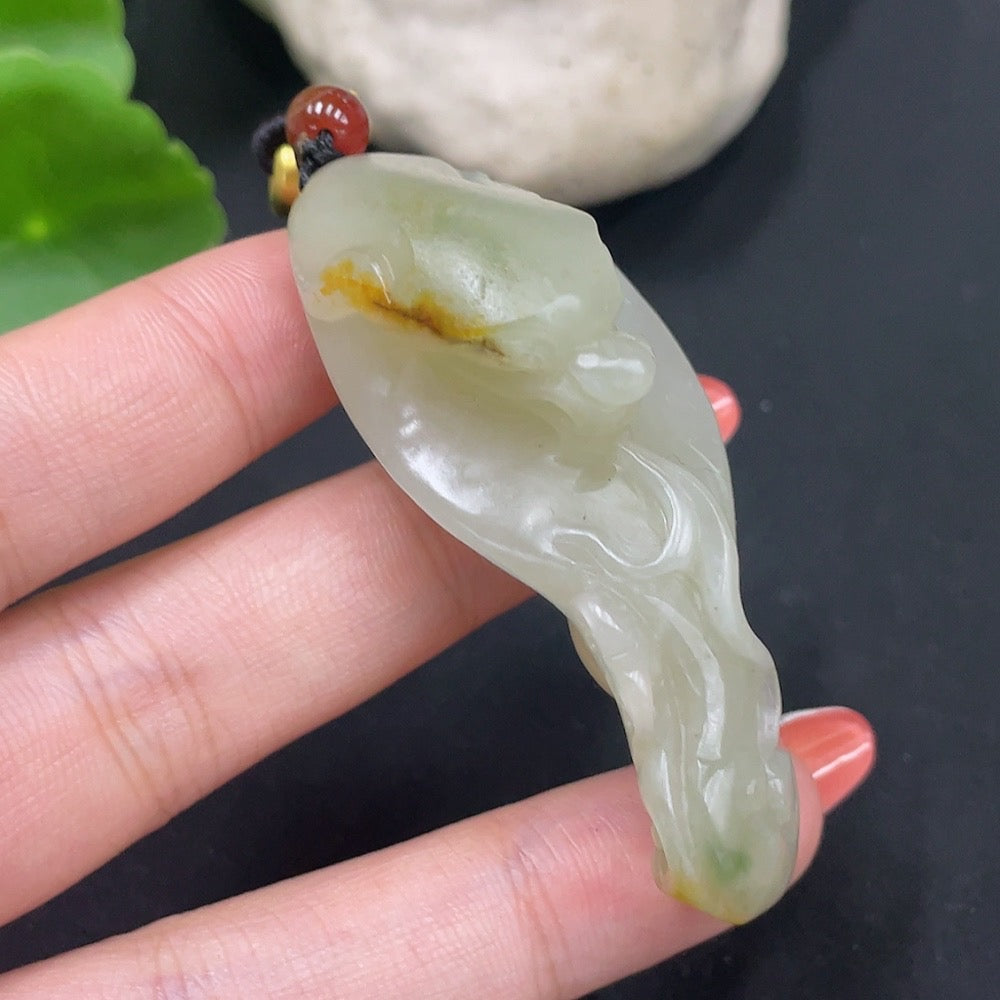 HKHQ Hetian Jade Pendant featuring an auspicious beast design with rope, crafted from undetermined skin color jade, Huiliu certified.