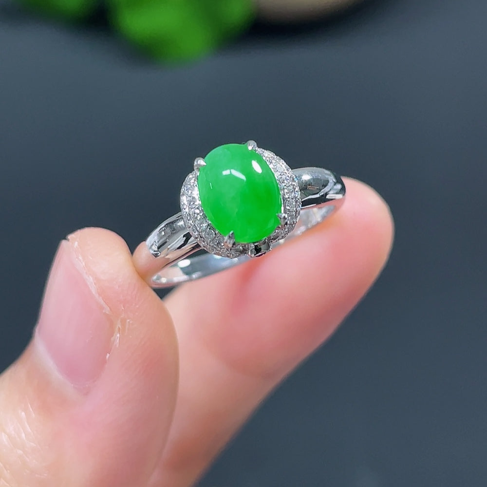 Jadeite Cabochon Solitaire Ring, 18K with Diamond Accents