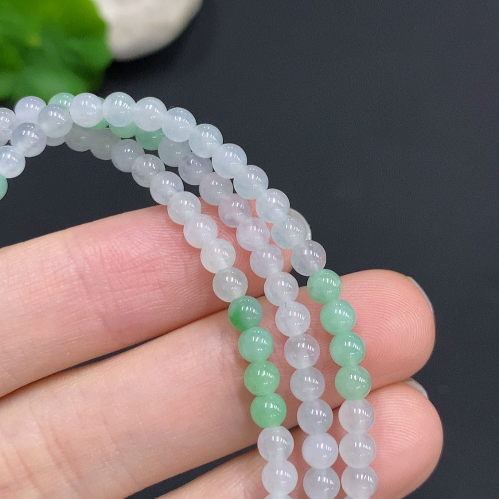 Jadeite bead necklace by HUILIU HQ featuring 3.7mm green jade beads, non-gold inlaid, total weight 18.5g, natural and elegant design.