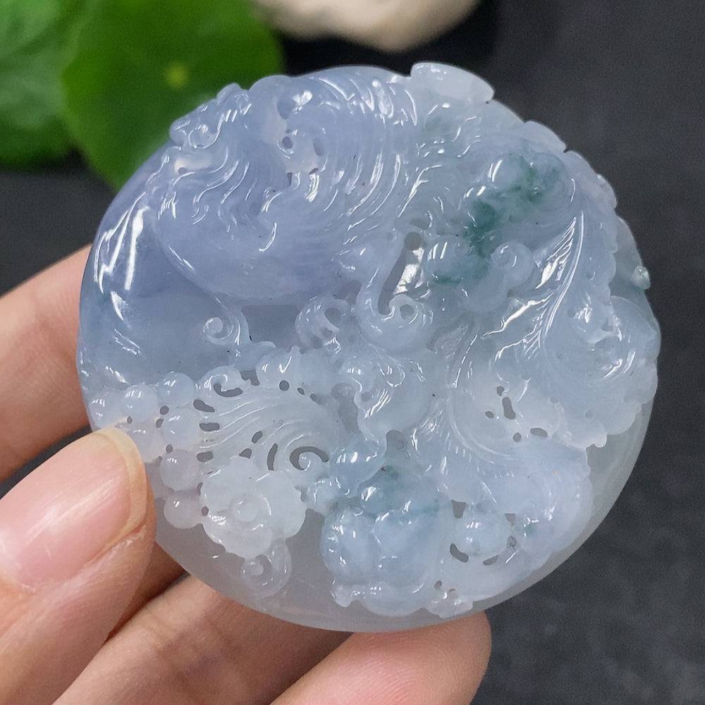 Jadeite Phoenix pendant from HUILIU HQ, featuring a detailed carved phoenix design in vibrant green jade, weighs approximately 49.9g.