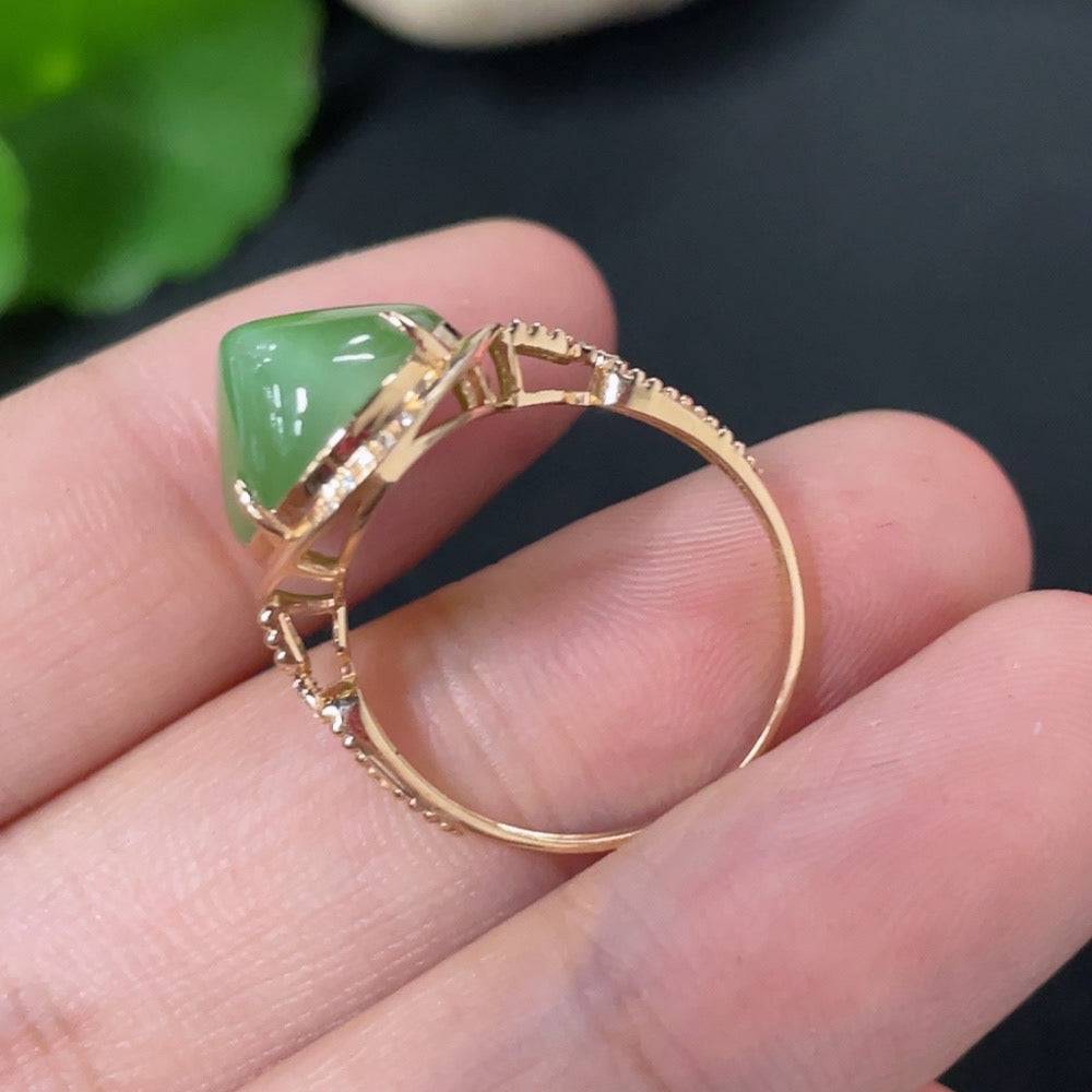 Hetian Jade Jasper inlaid ring by HUILIU HQ, 18k gold band, size 14, non-diamond, with intricate jade and gold design.