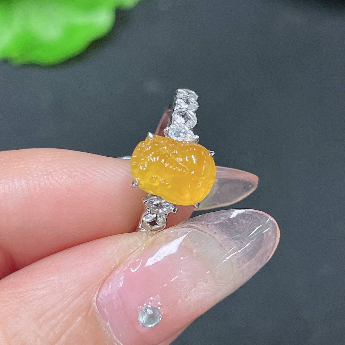 HUILIU HQ jadeite inlaid ring with 18k gold and diamond accents, size 13, featuring green jade and intricate gold detailing.