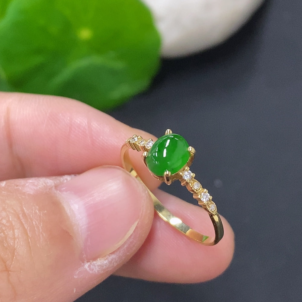 Jadeite Cabochon Inlaid Ring (Au73%) Size 14 Total Weight Approx.1.4g (With Diamond Accents)