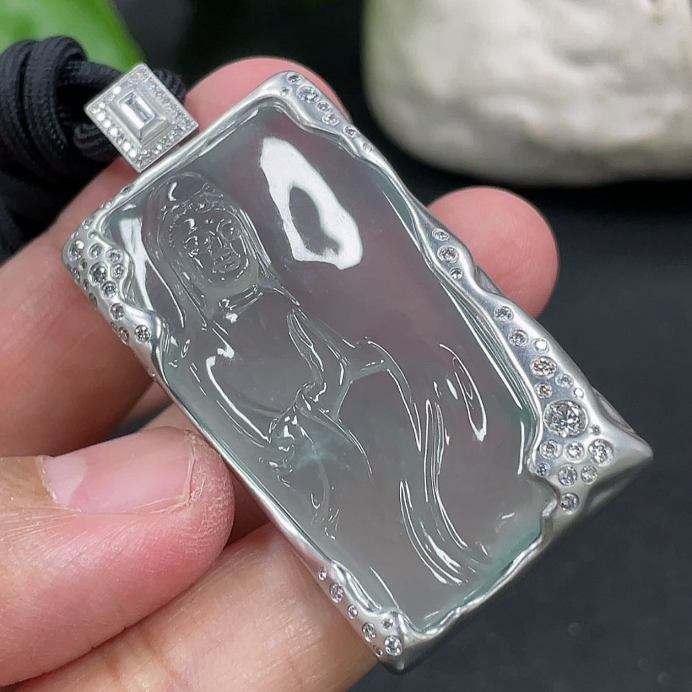 Jadeite Guanyin Pendant with 18K Gold and Diamond Setting, Total Weight Including Rope Approximately 21g, Overall Card Dimensions