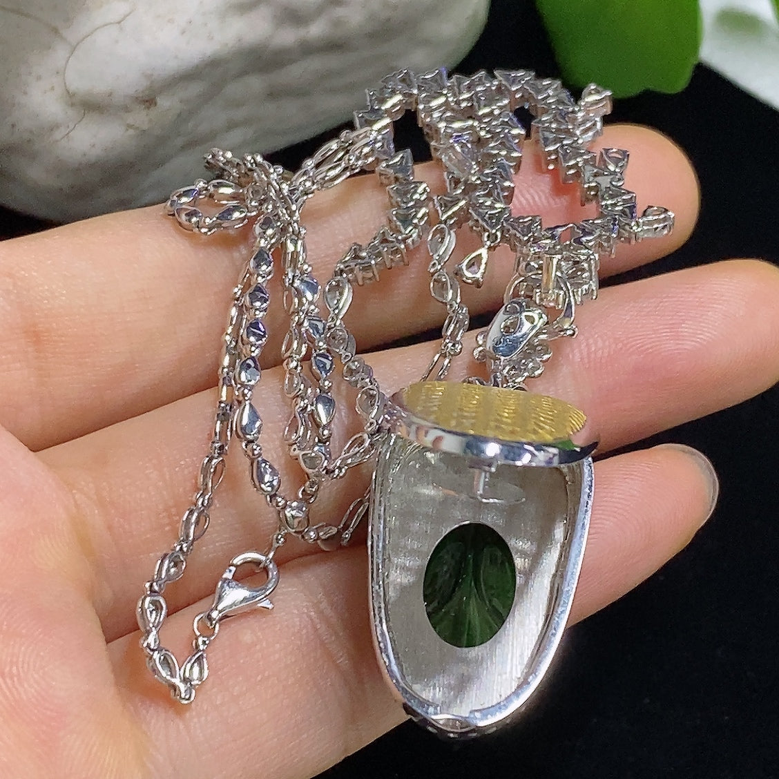 Jadeite Pendant Leaf 18k with Diamond Accents Total Weight Including Chain Approx. 19.7g