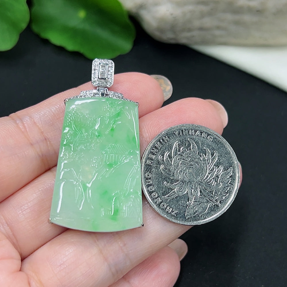 Jadeite landscape pendant by HKHQ with 18K gold and diamond accents, showcasing detailed jade carving and elegant design.