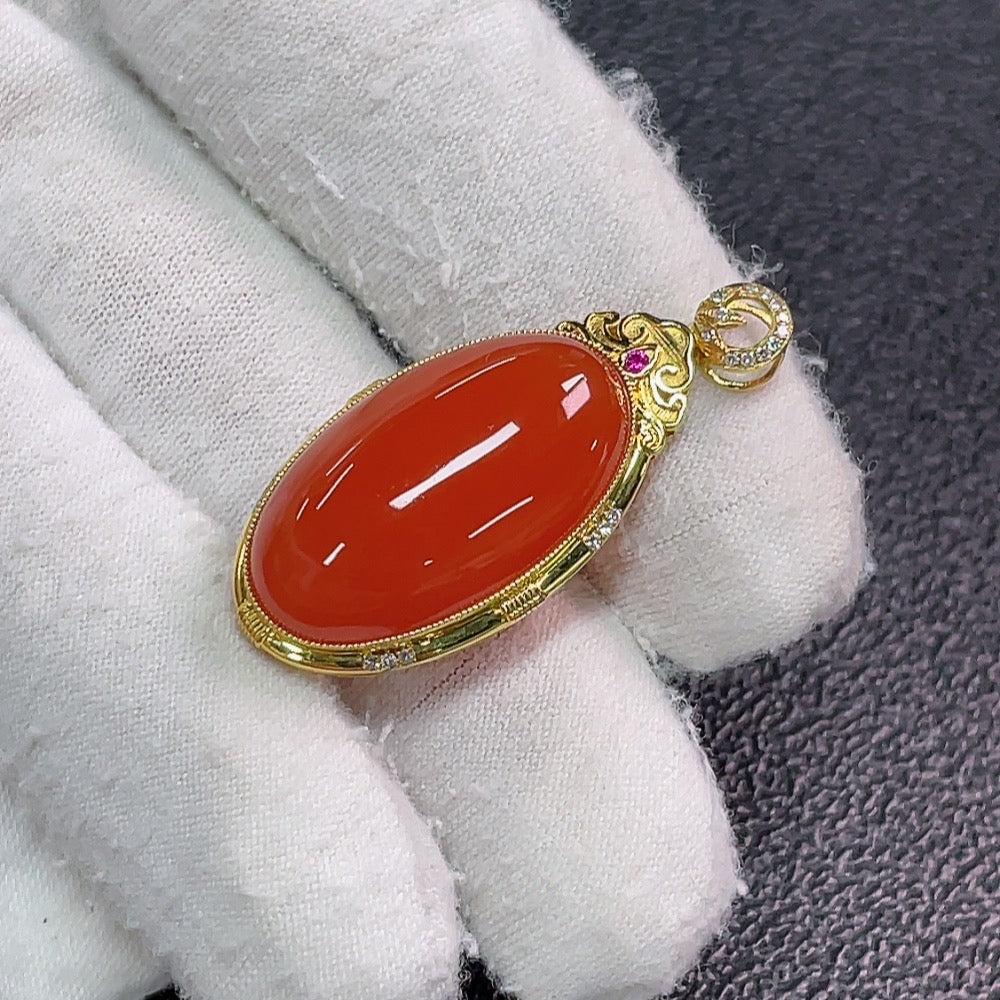 Red Agate Pendant with Diamond Accents, Colorless, . | Huiliu Certified