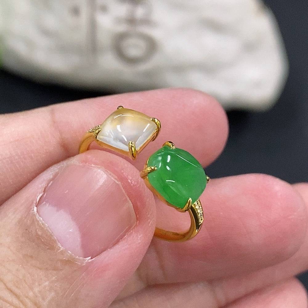 Jadeite inlaid ring by HUILIU HQ featuring 18k gold and diamond accents, size 13, with a total weight of 1.83 grams.