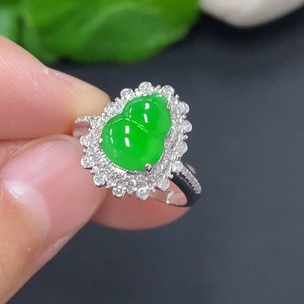 HUILIU HQ jadeite gourd ring with diamond accent, inlaid design, showcasing intricate craftsmanship and vibrant green jade.