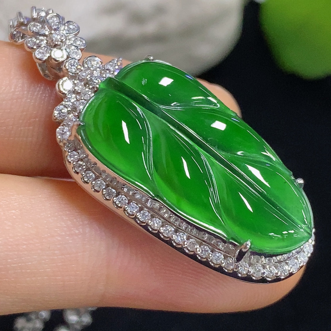 Jadeite Pendant Leaf 18k with Diamond Accents Total Weight Including Chain Approx. 19.7g