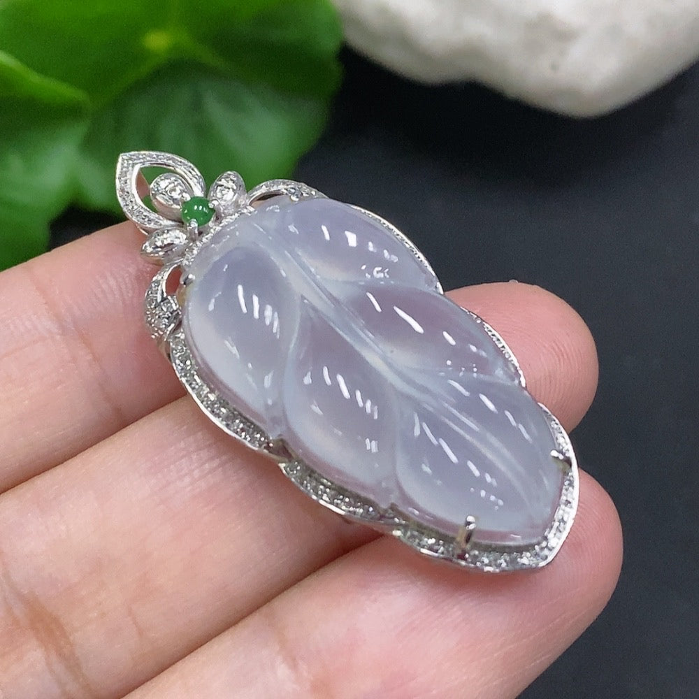 Jadeite Leaf Inlay Pendant . (With Diamond Accents) | Huiliu Certified