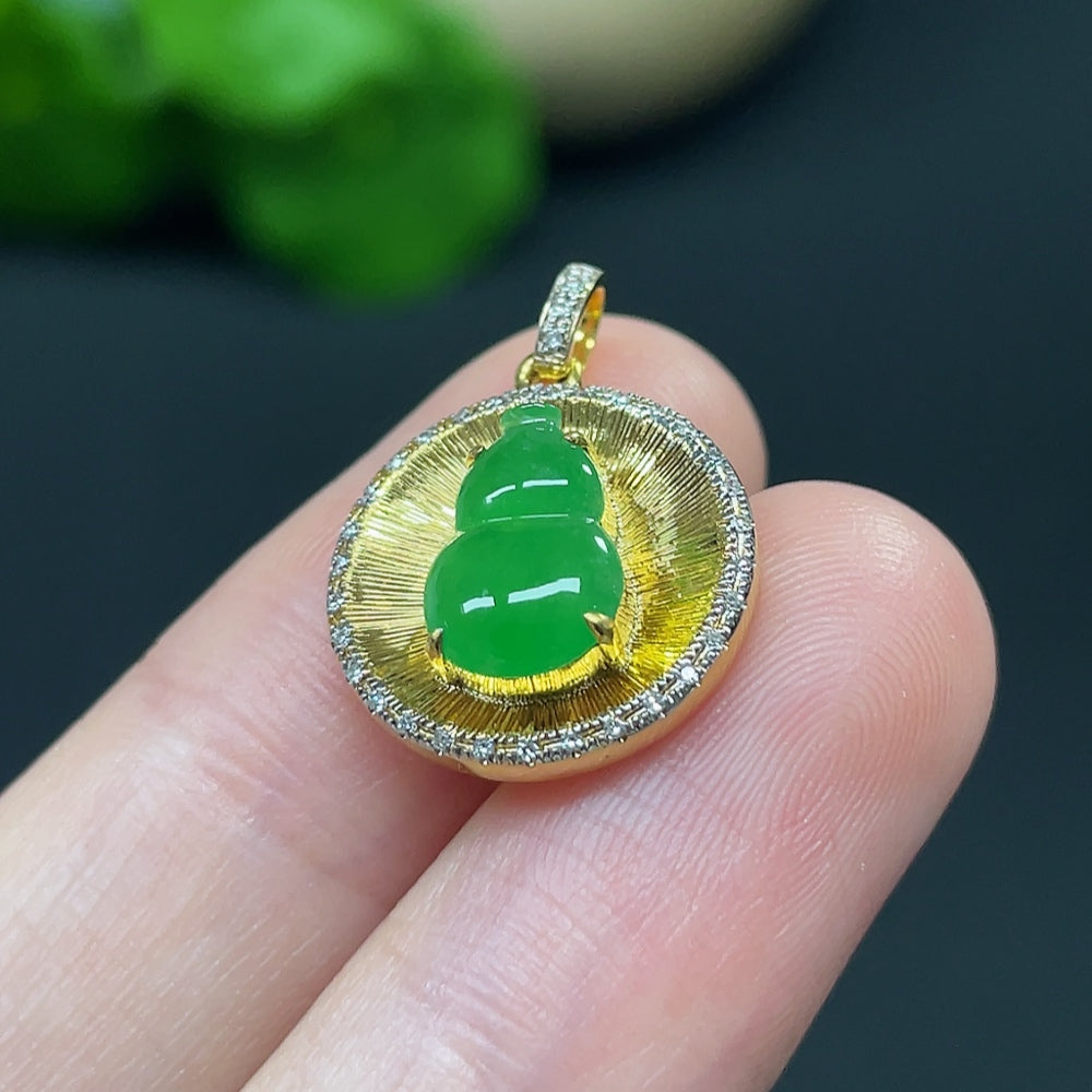 Jadeite Gourd Inlaid Pendant 18k with Diamond Accents
