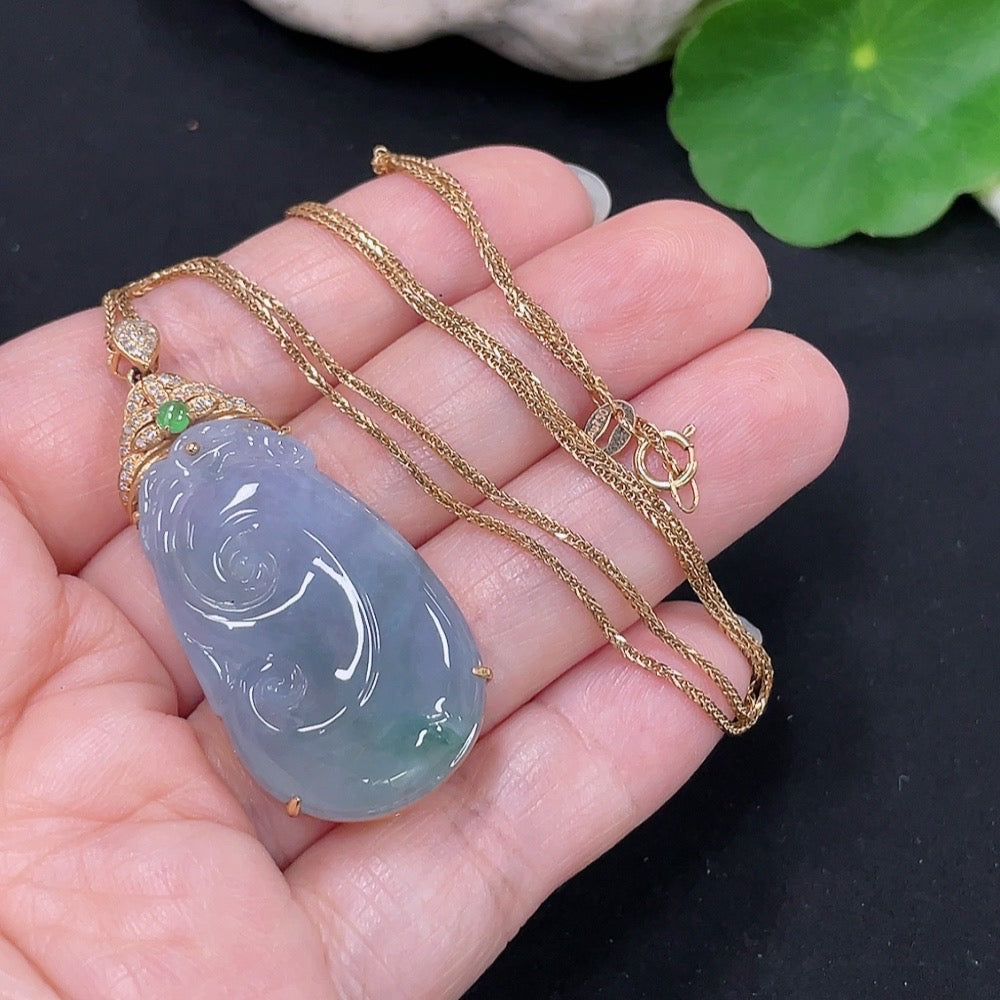 Jadeite Ruyi Inlaid Pendant 18K Gold Total Weight Approx. 9.4g (Including Chain Weight) (With Diamond Accents)