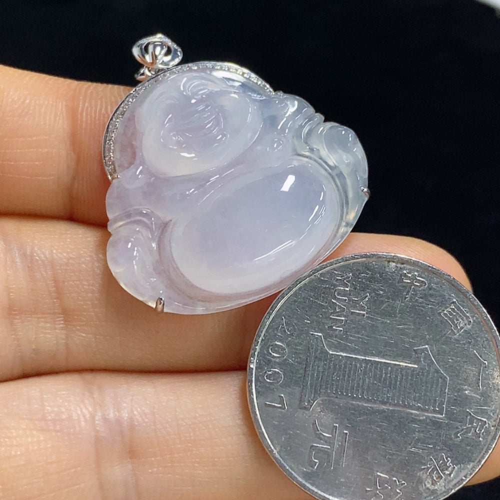 Jadeite Pendant Buddha with 18k Bezel and Diamond Accents, Total Weight Approx. 6.09g