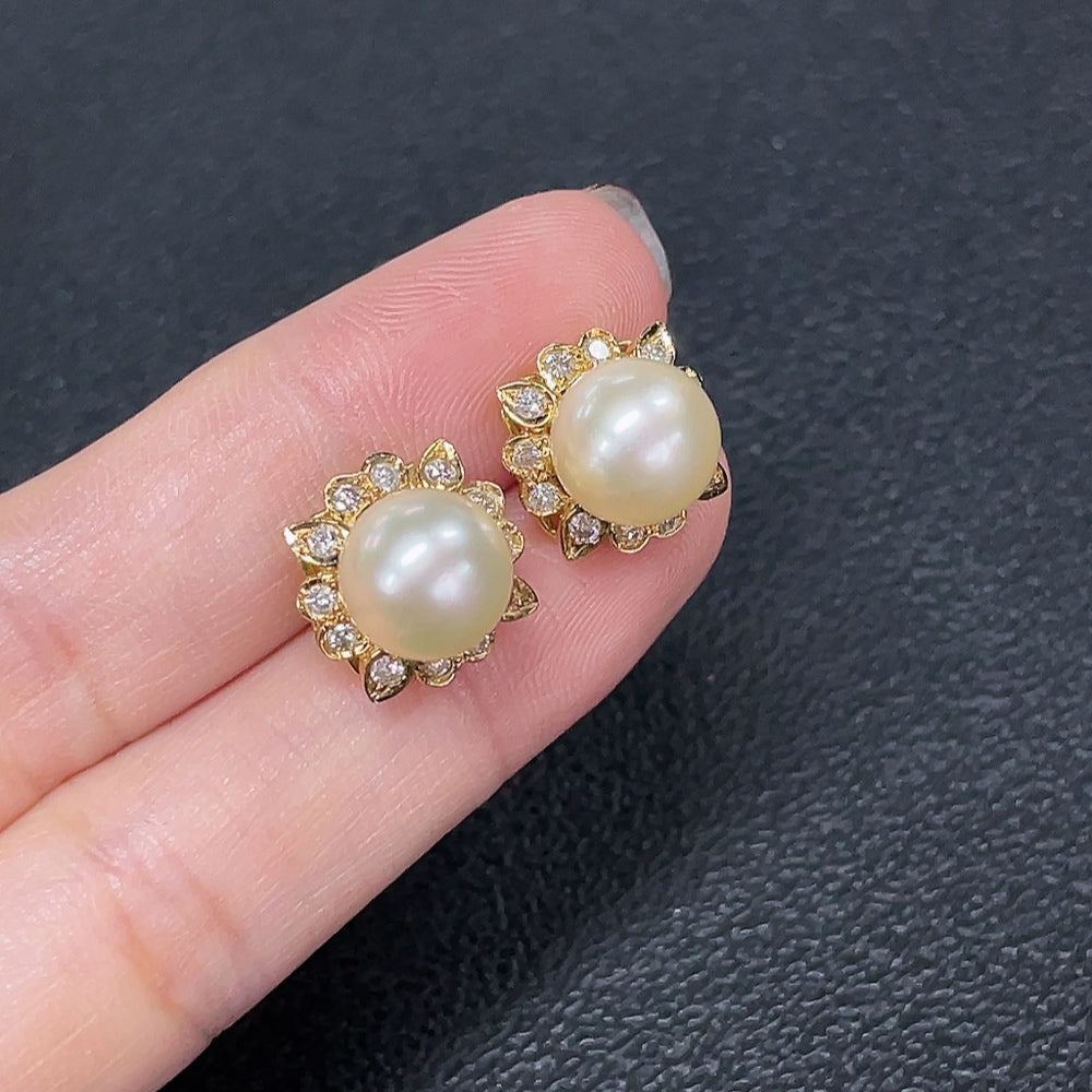 HKHQ seawater pearl earrings with diamonds, 14K gold, 8.7mm pearls, elegant jewelry with a natural, sophisticated look.