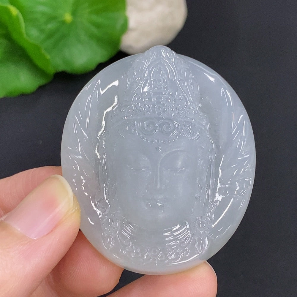Jadeite Guanyin pendant necklace from HKHQ featuring a detailed carved figure, approximately 38g, on a delicate chain.
