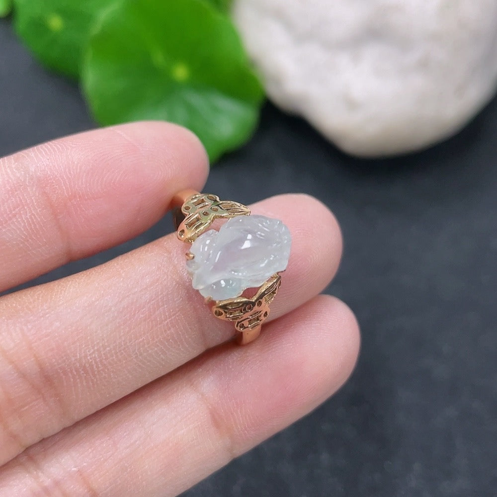 Elegant jadeite inlaid ring with 18K gold band from HKHQ, showcasing intricate craftsmanship and vibrant green jadeite inlay.