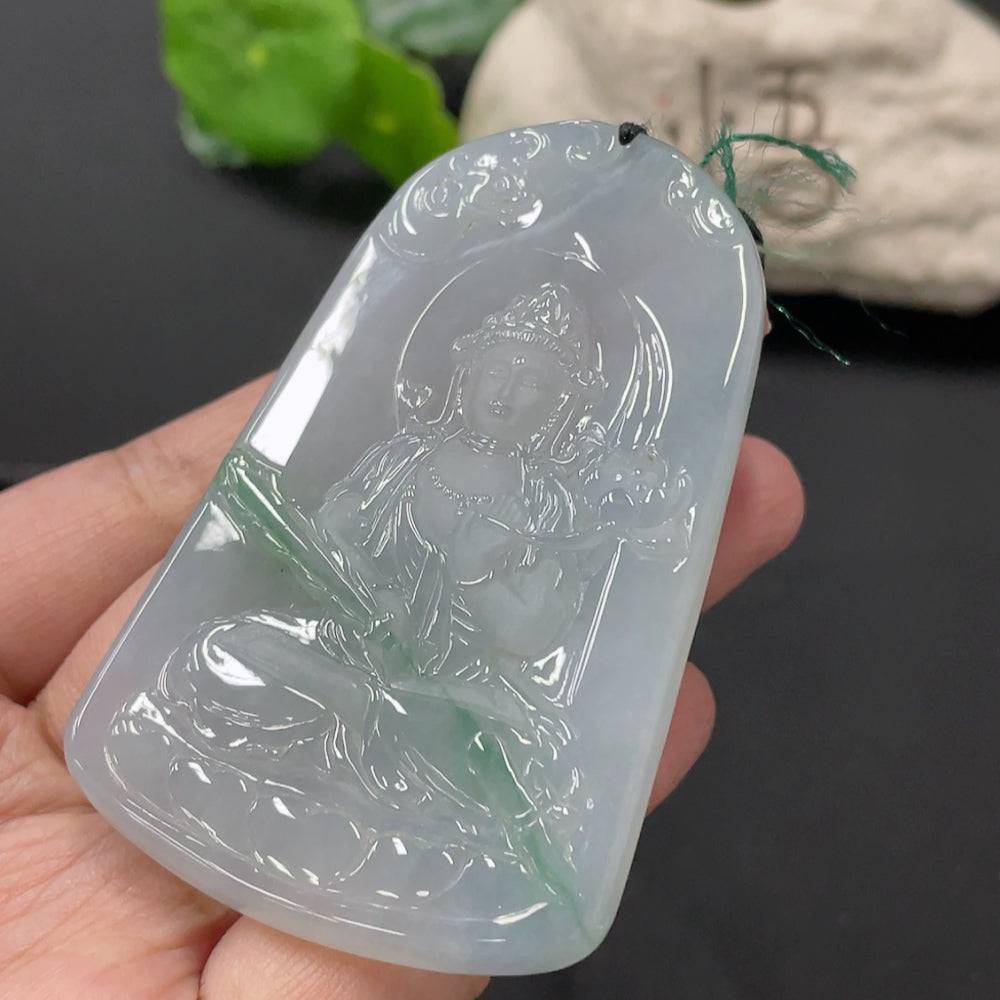 Jadeite Guanyin pendant with detailed carving, weighing approximately 51.47 grams, crafted by HUILIU HQ in green jade.